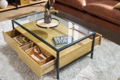 Flash Sale Miliboo Mesa de centro rectangular con almacenaje de madera maciza de mango, cristal y metal negro 100 cm SITA