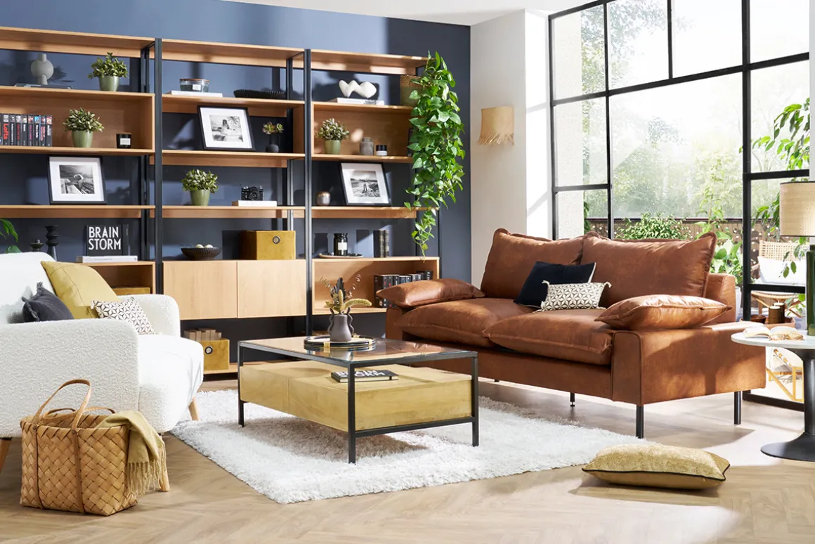 Flash Sale Miliboo Mesa de centro rectangular con almacenaje de madera maciza de mango, cristal y metal negro 100 cm SITA