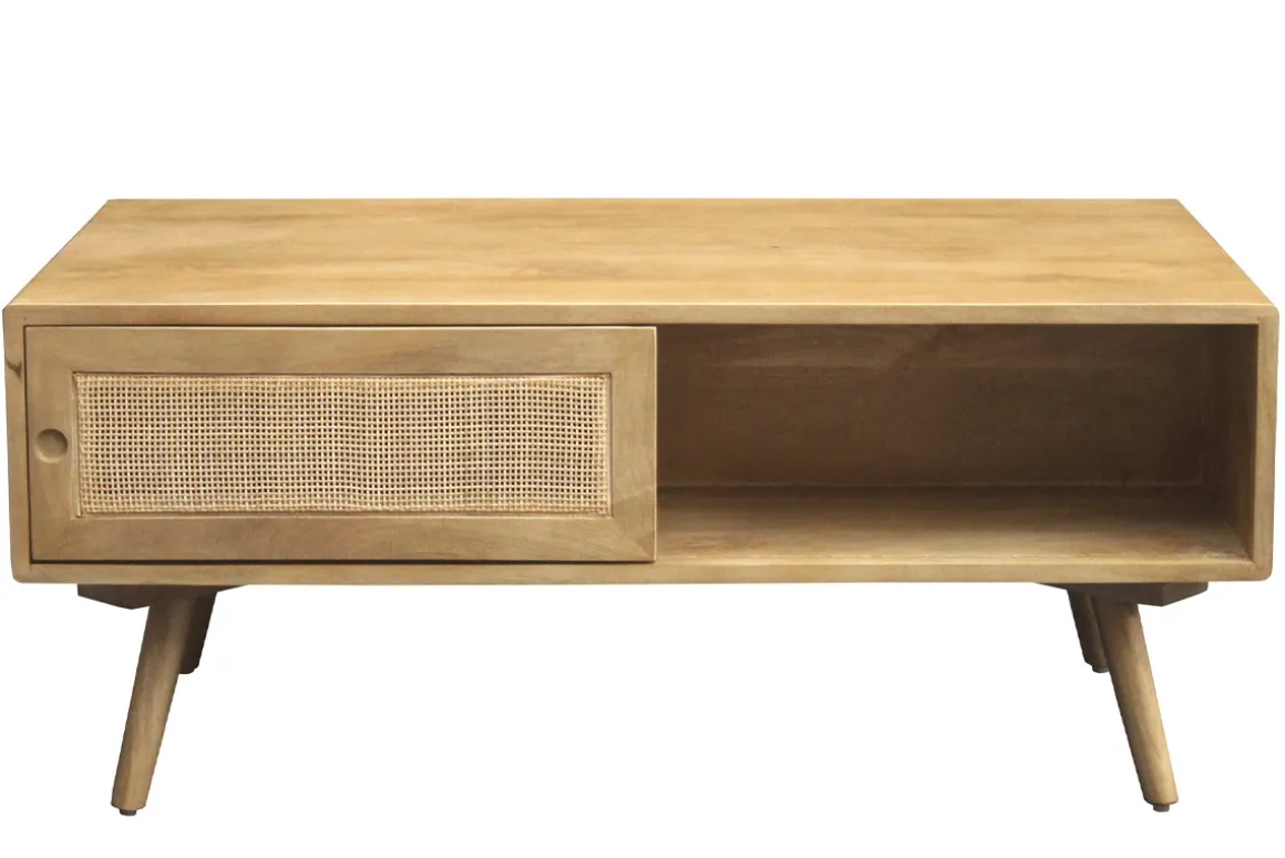 Fashion Miliboo Mesa de centro rectangular con almacenaje de madera maciza de mango y caña de ratán 100 cm ACANGE