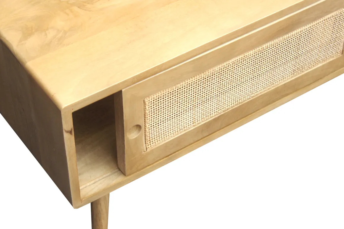 Fashion Miliboo Mesa de centro rectangular con almacenaje de madera maciza de mango y caña de ratán 100 cm ACANGE