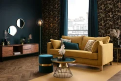 Best Sale Miliboo Mesa de centro redonda de acero lacado azul petróleo y dorado 55 cm diám. SPLEEN