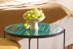 Best Sale Miliboo Mesa de centro redonda de cerámica verde oscuro y metal negro D50 cm KOTTA