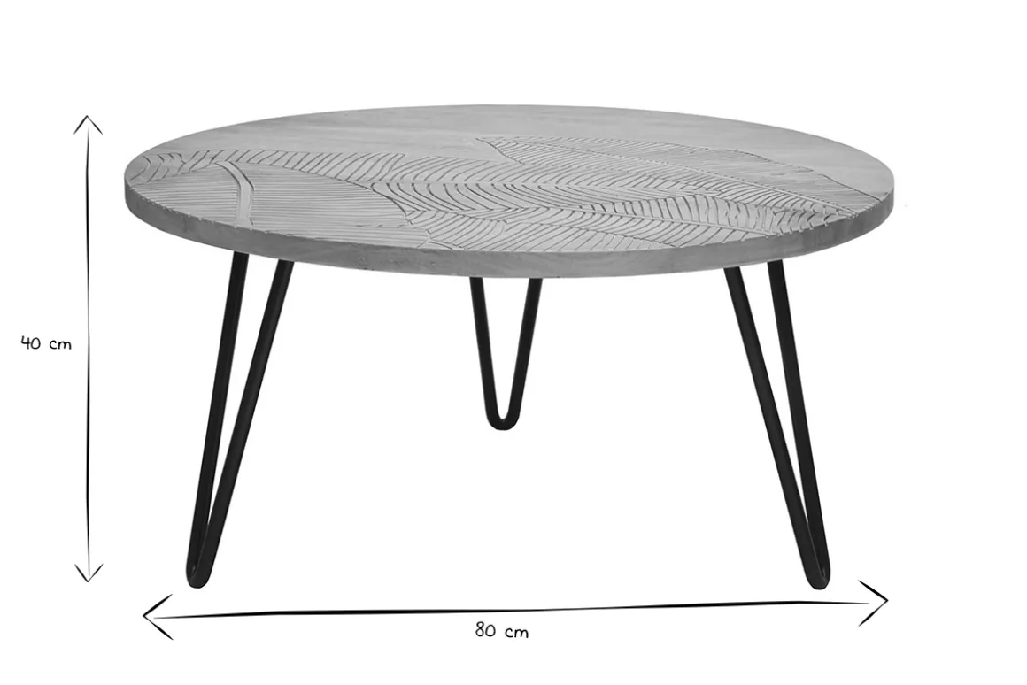 Best Sale Miliboo Mesa de centro redonda grabada en mango y metal negro VIBES