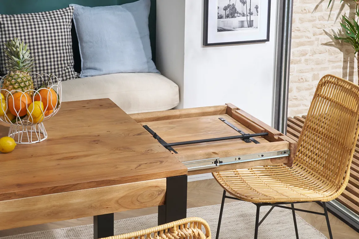 Discount Miliboo Mesa de comedor extensible en acacia maciza y metal negro L120-210 cm TRAP