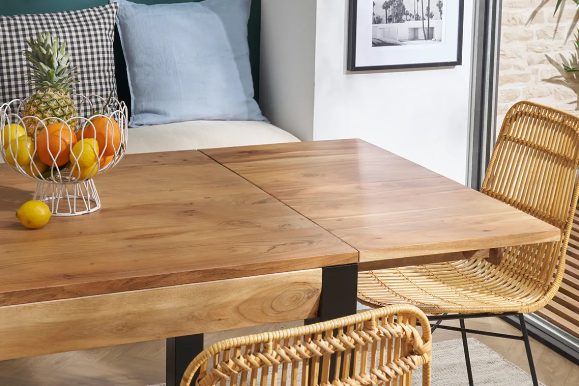 Discount Miliboo Mesa de comedor extensible en acacia maciza y metal negro L120-210 cm TRAP