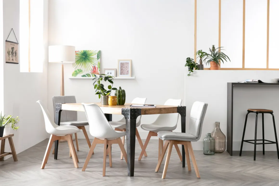 Discount Miliboo Mesa de comedor industrial acero y madera L160 MADISON