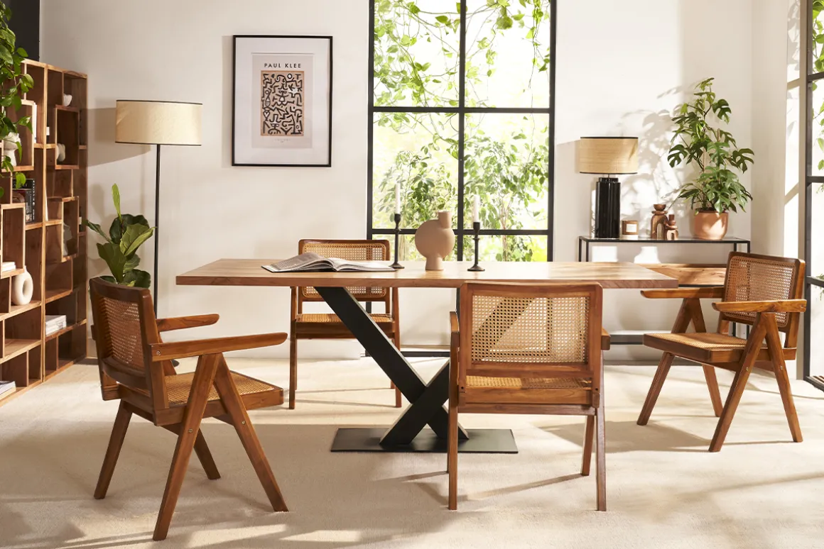 Discount Miliboo Mesa de comedor industrial rectangular de madera de acacia maciza y metal negro 200 cm VALLEY