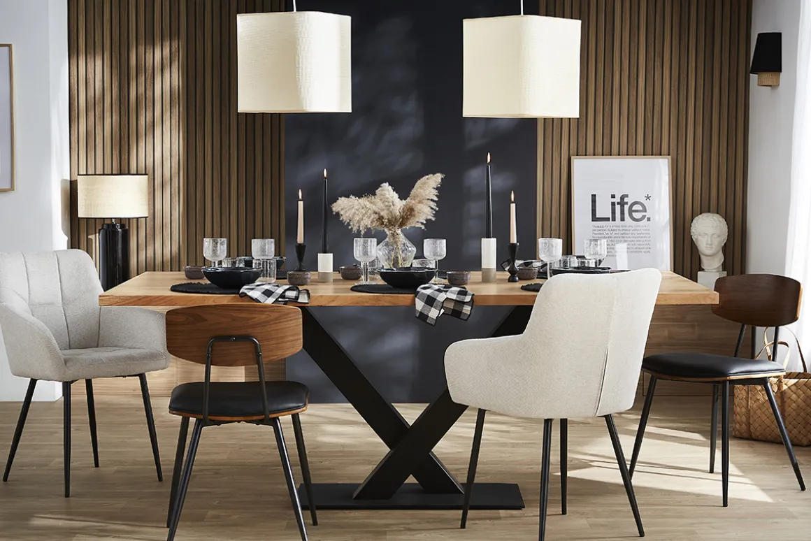 Discount Miliboo Mesa de comedor industrial rectangular de madera de acacia maciza y metal negro 200 cm VALLEY