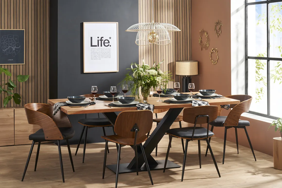 Discount Miliboo Mesa de comedor industrial rectangular de madera de acacia maciza y metal negro 200 cm VALLEY
