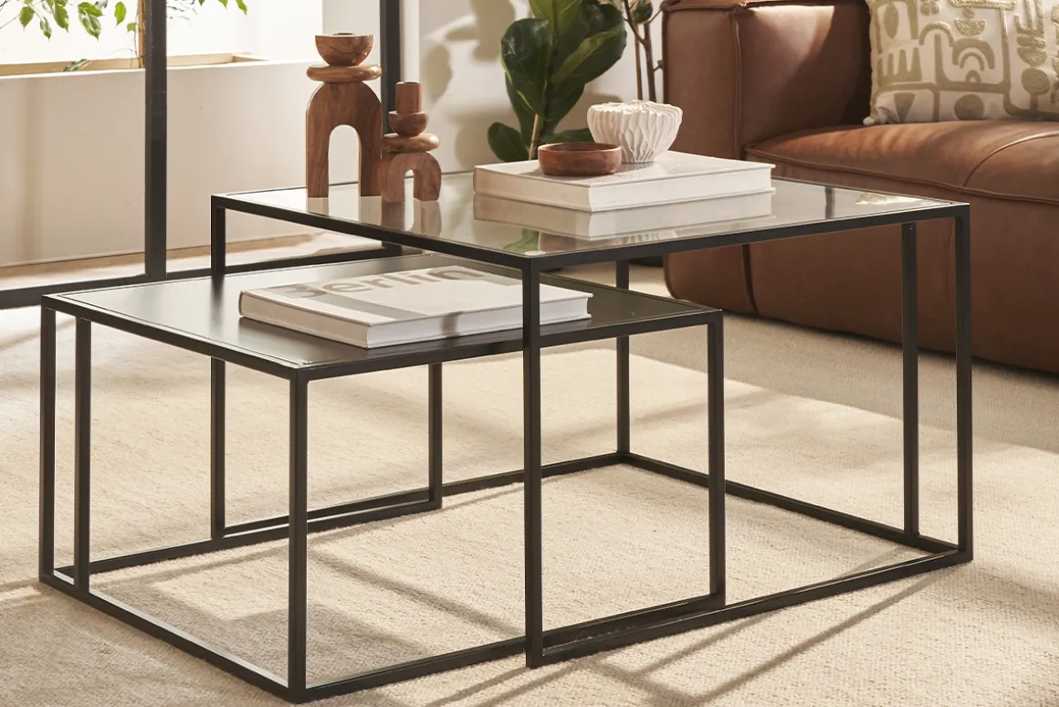 Sale Miliboo Mesas nido de centro de cristal templado y metal TAHL