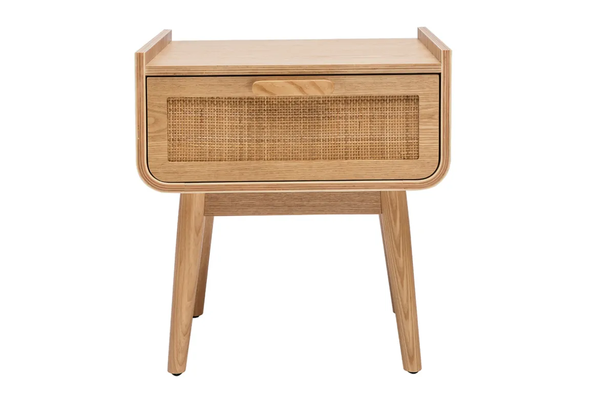 Best Sale Miliboo Mesilla de noche de madera maciza clara y ratán con cajón 50 cm ATHÈNE