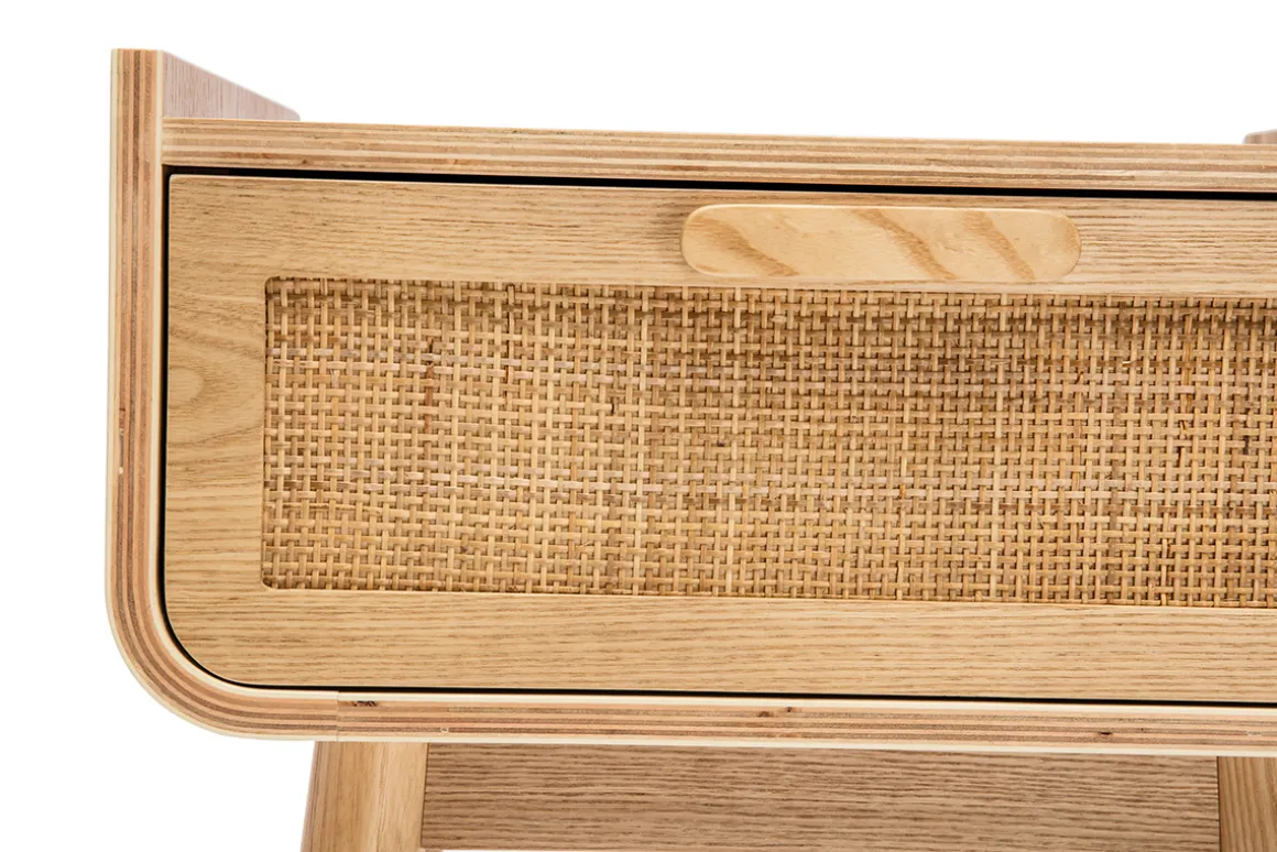 Best Sale Miliboo Mesilla de noche de madera maciza clara y ratán con cajón 50 cm ATHÈNE