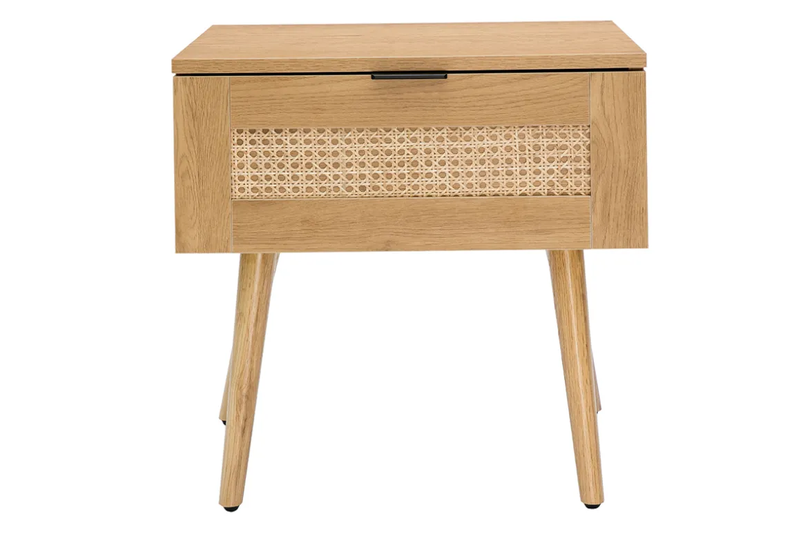 Cheap Miliboo Mesilla de noche de madera clara, mimbre y metal negro 50 cm MANILLE