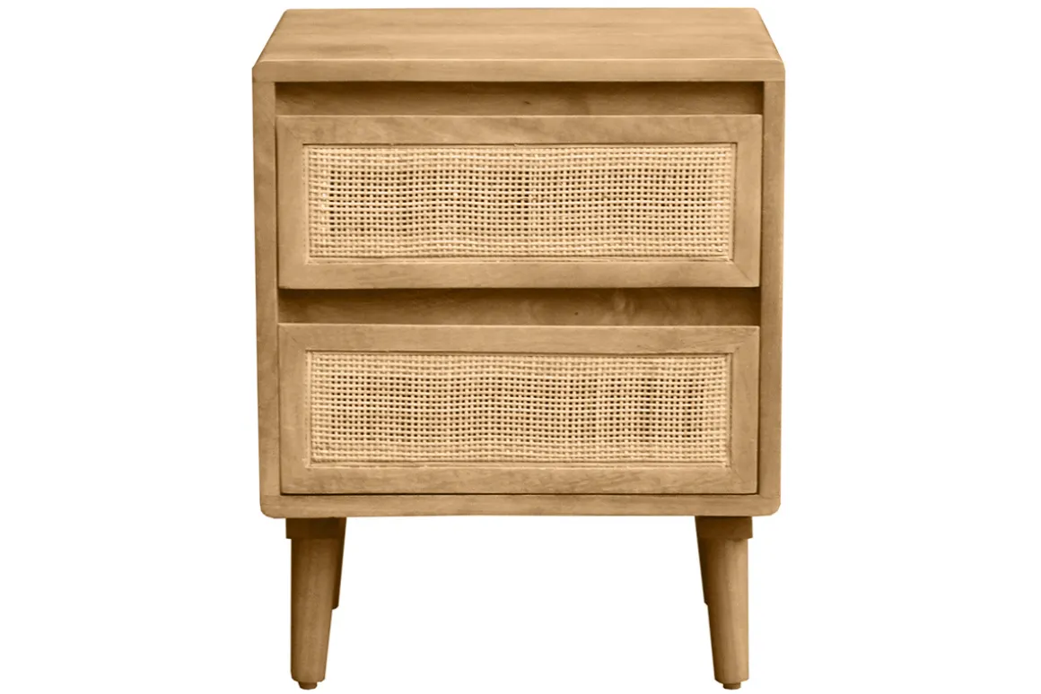 Clearance Miliboo Mesilla de noche de madera maciza de mango y caña de ratán con 2 cajones 40 cm ACANGE