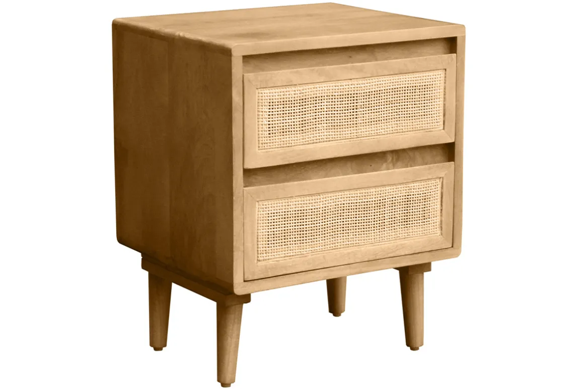 Clearance Miliboo Mesilla de noche de madera maciza de mango y caña de ratán con 2 cajones 40 cm ACANGE