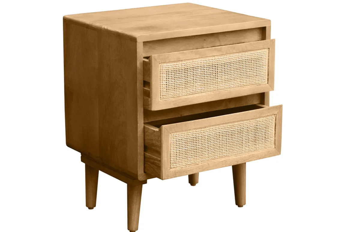 Clearance Miliboo Mesilla de noche de madera maciza de mango y caña de ratán con 2 cajones 40 cm ACANGE