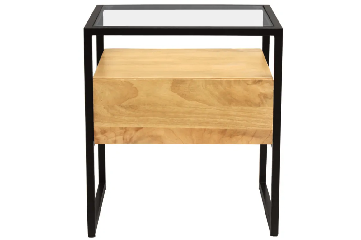 Shop Miliboo Mesilla de noche de madera maciza de mango, cristal y metal negro con cajón 50 cm DIYA