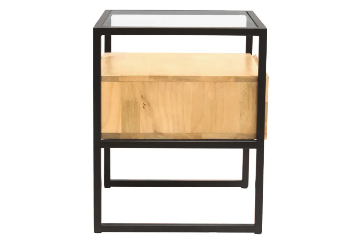 Shop Miliboo Mesilla de noche de madera maciza de mango, cristal y metal negro con cajón 50 cm DIYA