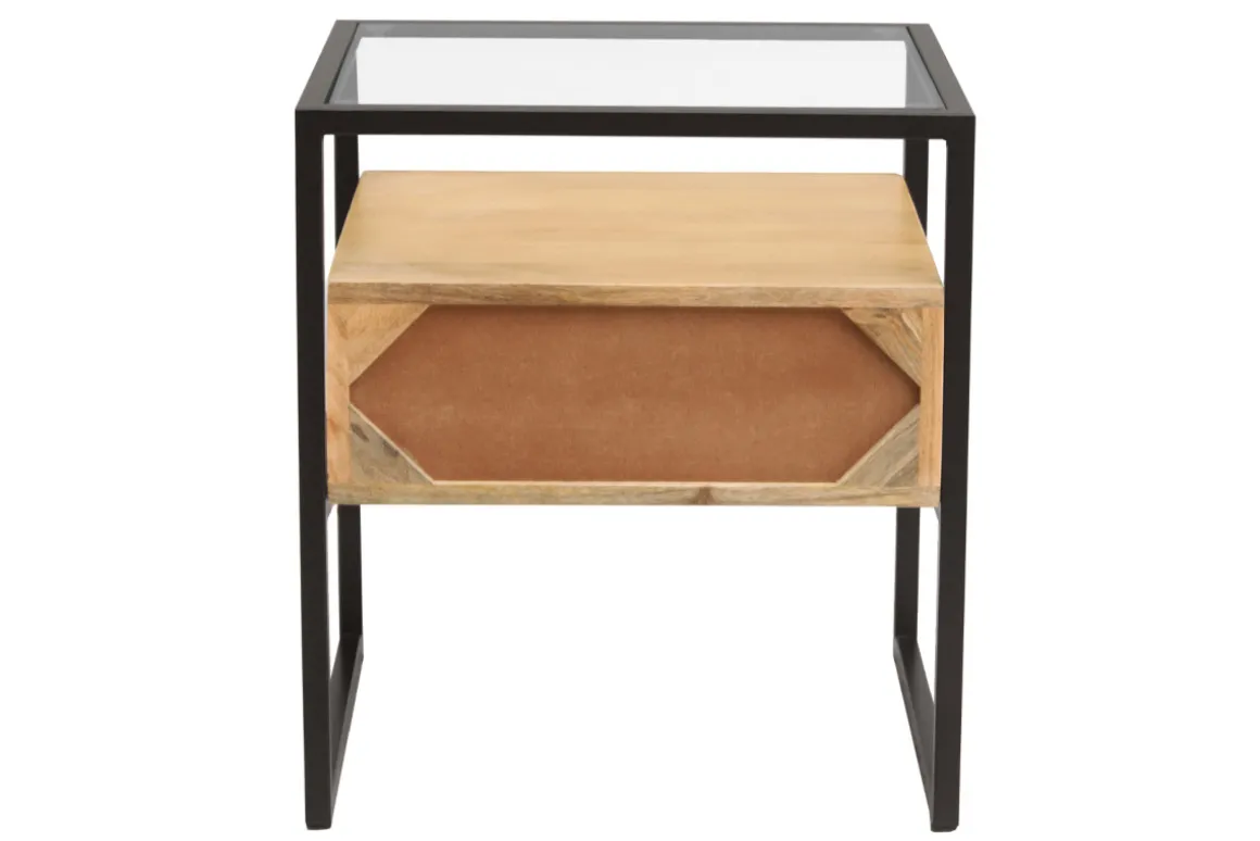 Shop Miliboo Mesilla de noche de madera maciza de mango, cristal y metal negro con cajón 50 cm DIYA