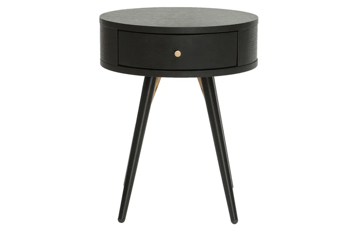 Shop Miliboo Mesilla de noche vintage redonda de madera y metal negro con detalles dorados KORAL