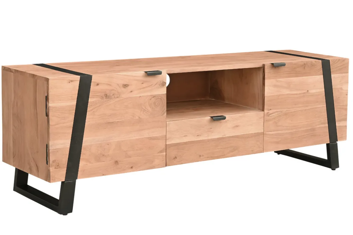 Best Miliboo Mueble TV de acacia maciza y metal negro 150 cm ALVARO