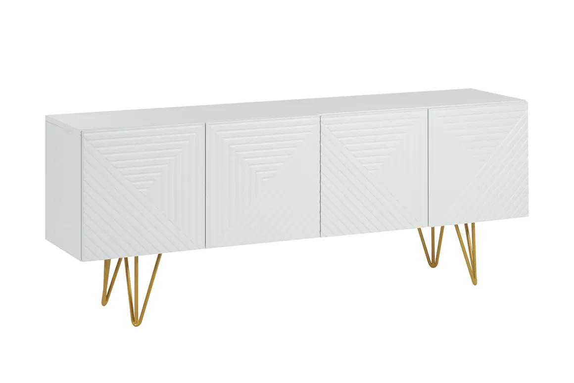 Discount Miliboo Mueble TV de diseño 140 cm con grabados grabado de metal blanco y dorado OZEN