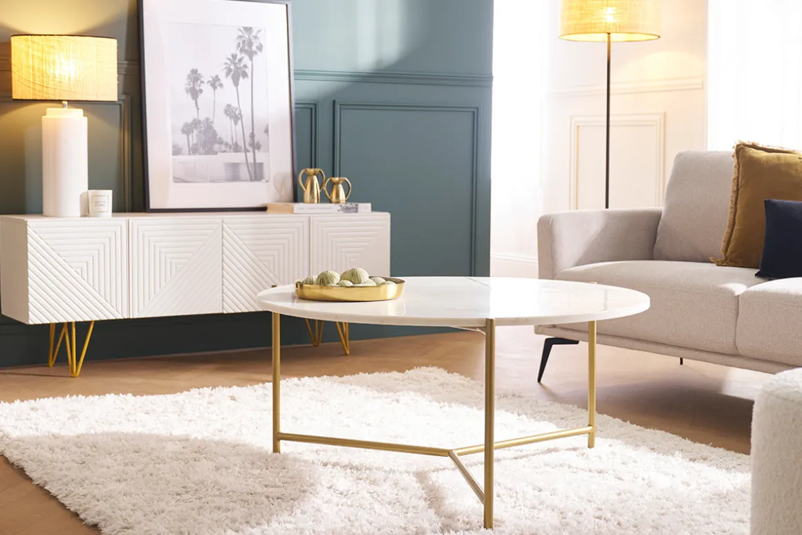 Discount Miliboo Mueble TV de diseño 140 cm con grabados grabado de metal blanco y dorado OZEN