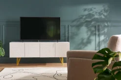Discount Miliboo Mueble TV de diseño 140 cm con grabados grabado de metal blanco y dorado OZEN