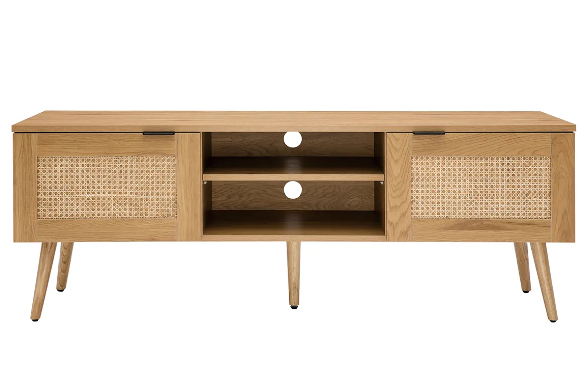 Best Miliboo Mueble TV de madera clara, mimbre y metal negro con 2 puertas 140 cm MANILLE