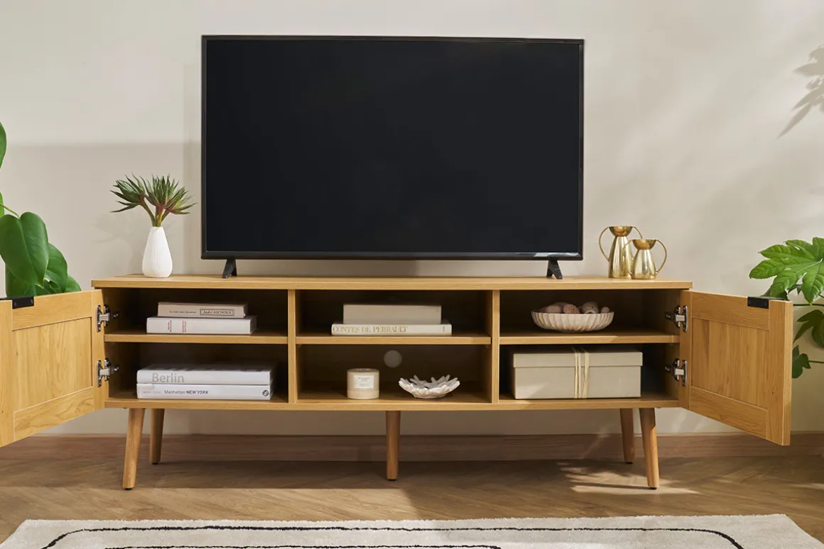 Best Miliboo Mueble TV de madera clara, mimbre y metal negro con 2 puertas 140 cm MANILLE