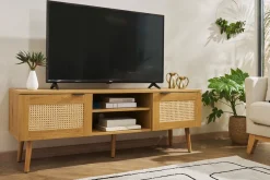 Best Miliboo Mueble TV de madera clara, mimbre y metal negro con 2 puertas 140 cm MANILLE