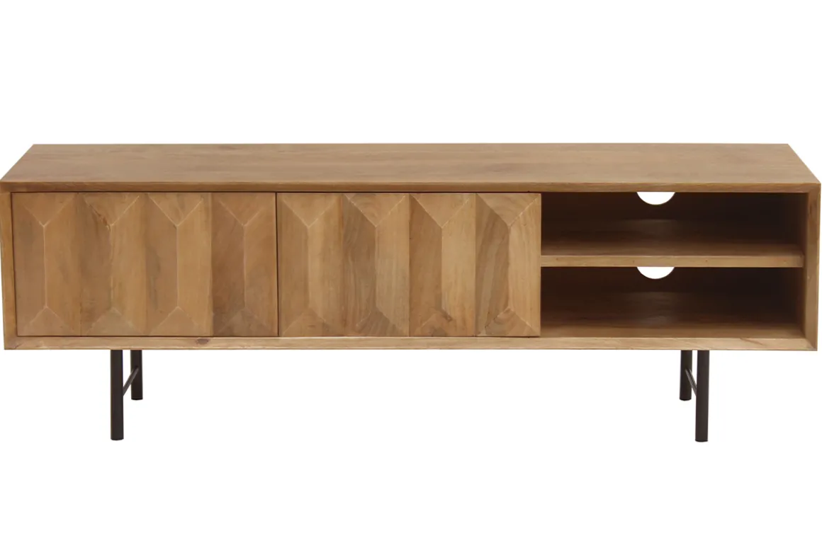 Cheap Miliboo Mueble TV de madera clara de mango macizo con grabado y metal negro 120 cm AGRA