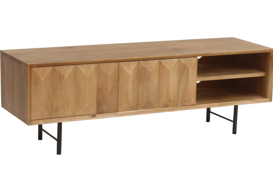 Cheap Miliboo Mueble TV de madera clara de mango macizo con grabado y metal negro 120 cm AGRA