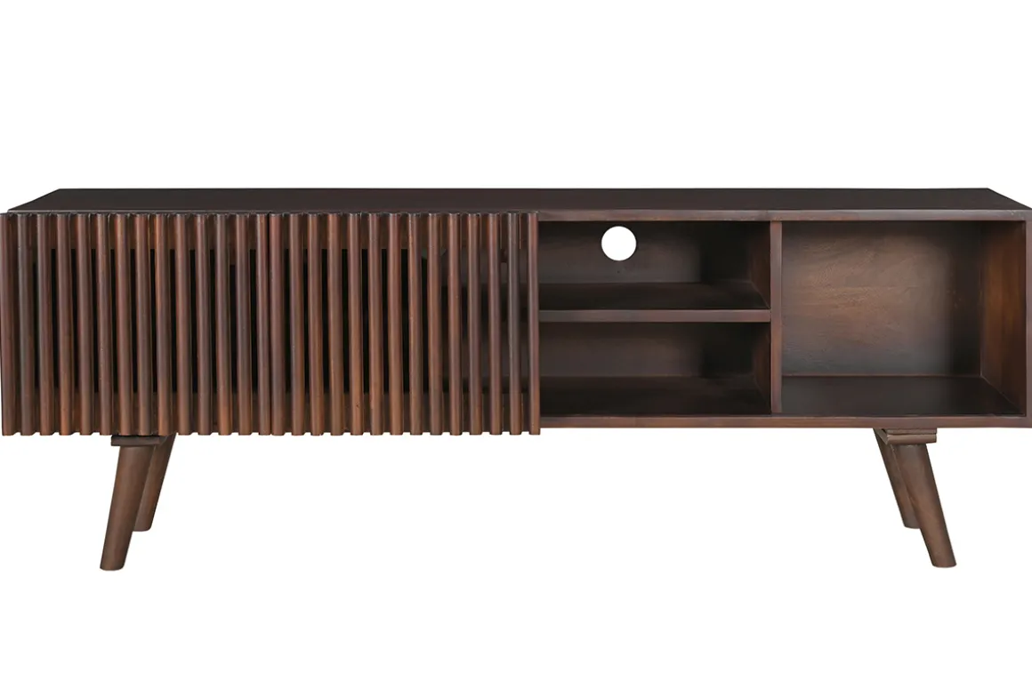 Sale Miliboo Mueble TV de madera maciza de mango oscuro con puertas correderas 140 cm ALBA