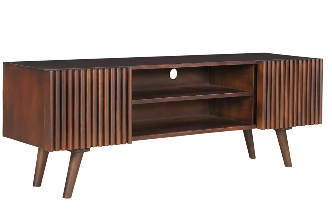 Sale Miliboo Mueble TV de madera maciza de mango oscuro con puertas correderas 140 cm ALBA
