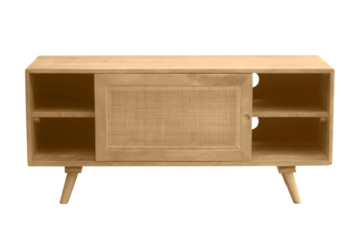 Store Miliboo Mueble TV de madera maciza de mango y caña de ratán 110 cm ACANGE