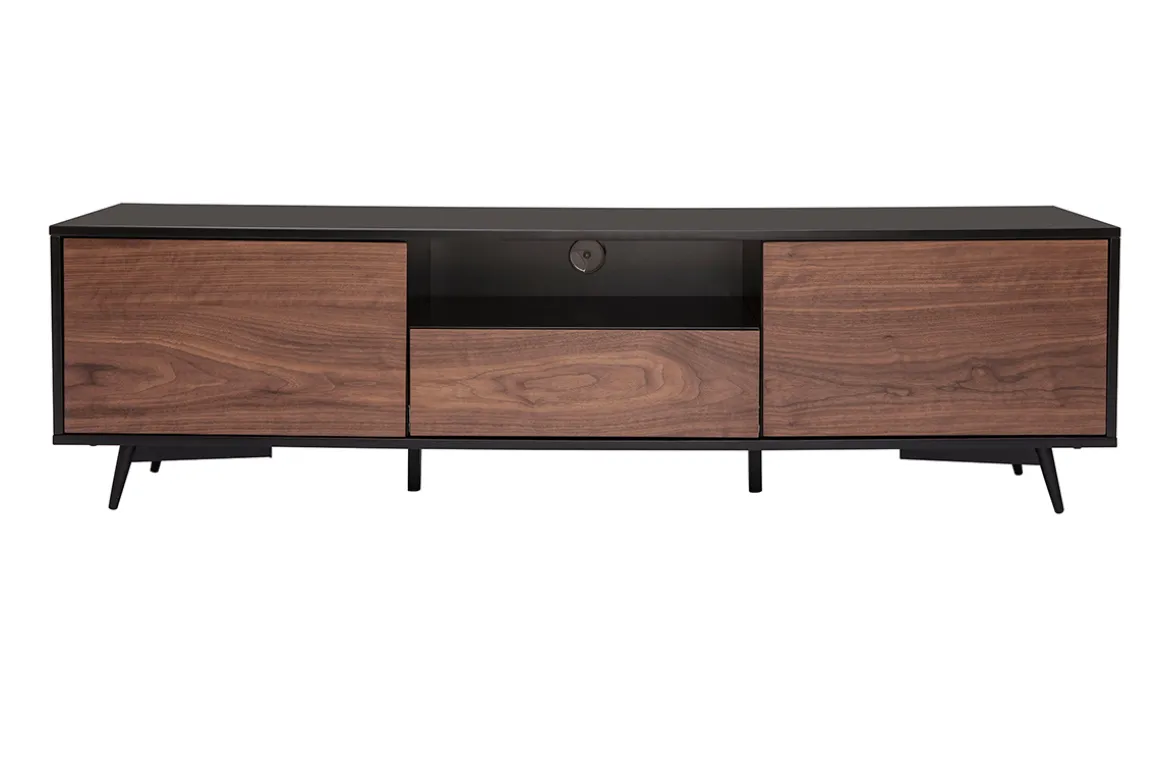 Best Miliboo Mueble TV negro mate y contrachapado de nogal con 2 puertas y 1 cajón 160 cm MERMOZ