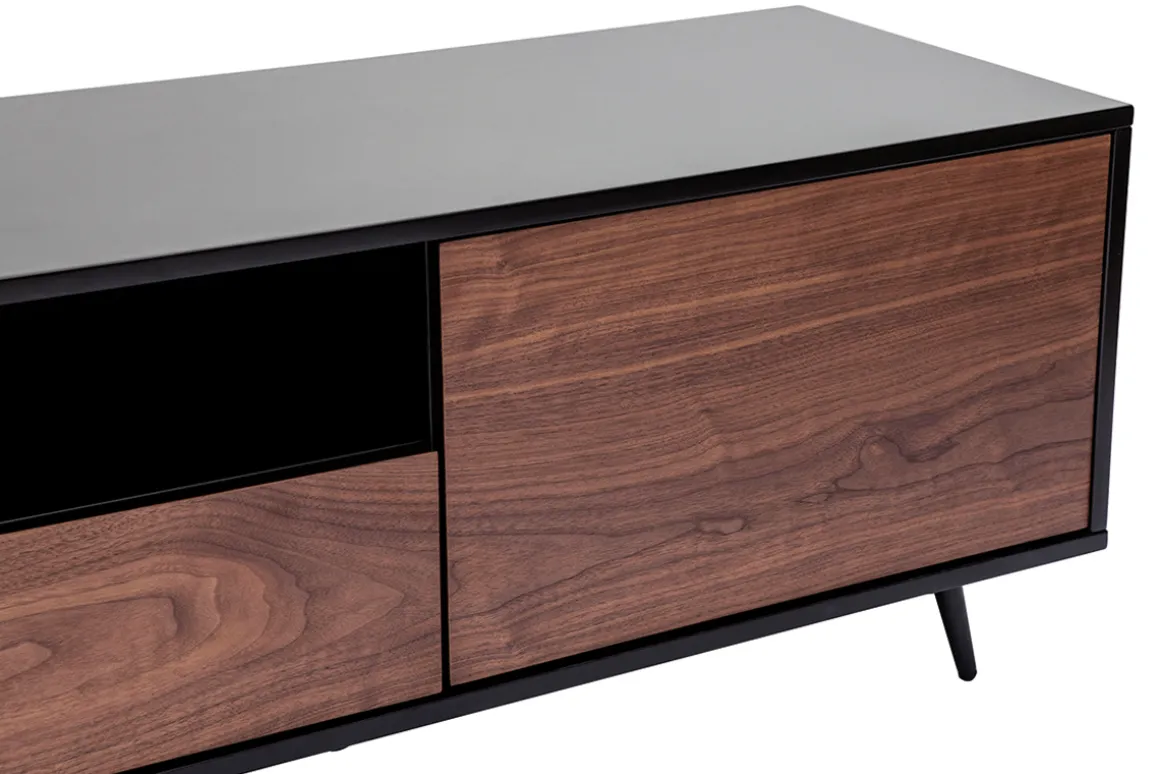 Best Miliboo Mueble TV negro mate y contrachapado de nogal con 2 puertas y 1 cajón 160 cm MERMOZ