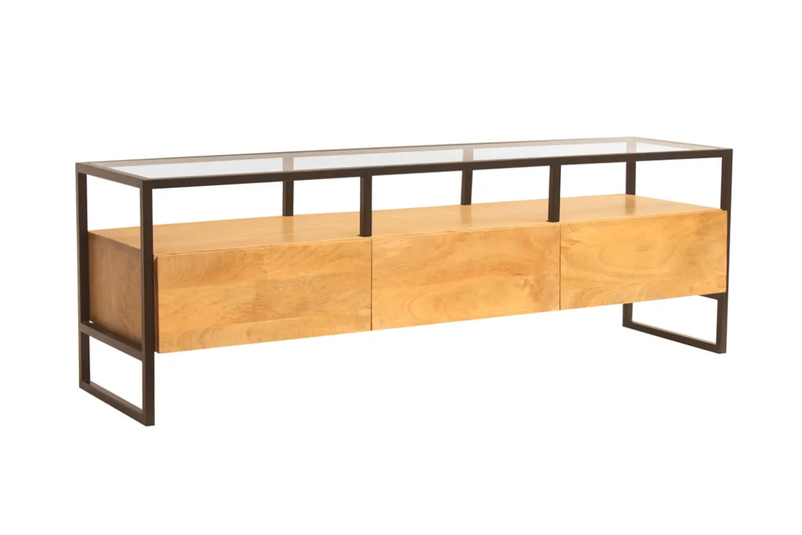 Store Miliboo Mueble TV rectangular con almacenaje de madera maciza de mango, cristal y metal negro 150 cm DIYA