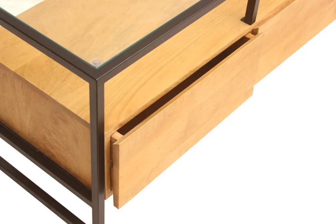 Store Miliboo Mueble TV rectangular con almacenaje de madera maciza de mango, cristal y metal negro 150 cm DIYA