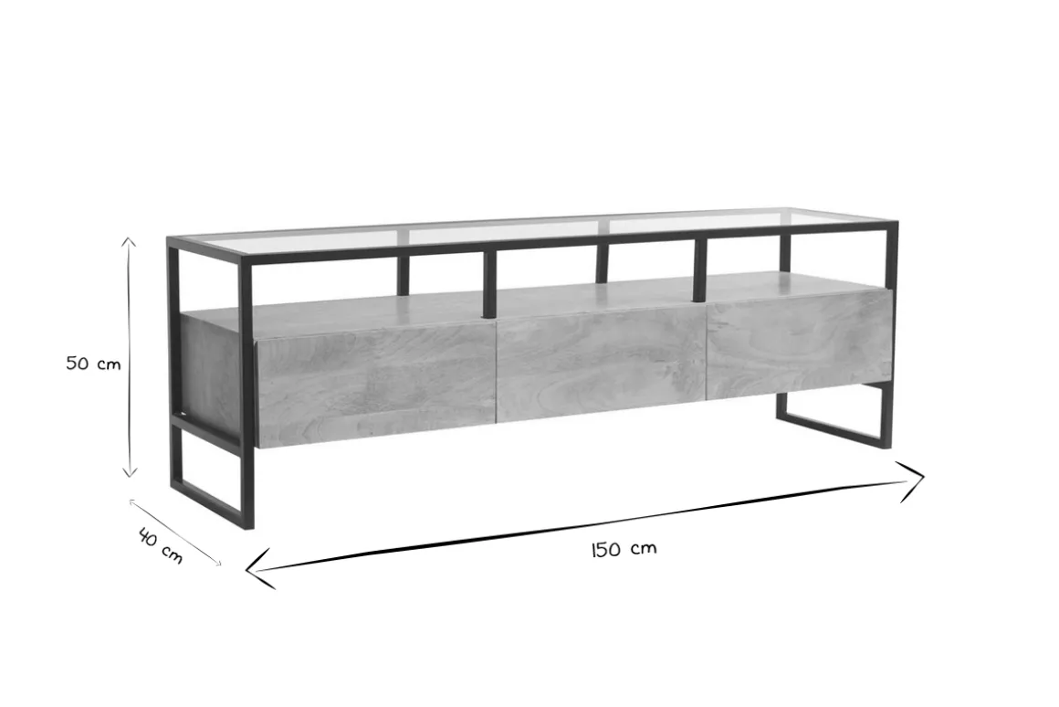Store Miliboo Mueble TV rectangular con almacenaje de madera maciza de mango, cristal y metal negro 150 cm DIYA
