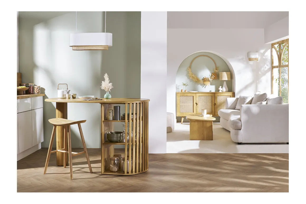 Fashion Miliboo Pantalla para lámpara de techo doble de lino natural y ratán natural 62 cm TIWY