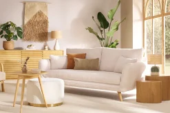 New Miliboo Puf redondo de tela con efecto de lana rizada blanco roto y metal dorado D54 cm AMAYA