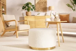 New Miliboo Puf redondo de tela con efecto de lana rizada blanco roto y metal dorado D54 cm AMAYA