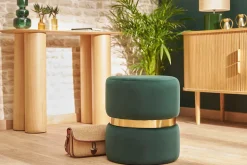 Best Miliboo Puf redondo de terciopelo verde oscuro y metal dorado D40 cm JOY