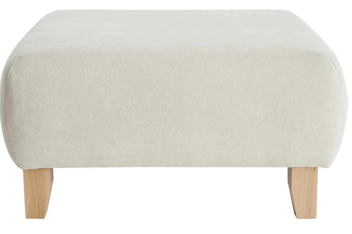 Outlet Miliboo Puf reposapiés de tela efecto aterciopelado texturizado beige y madera clara maciza 75 cm ODEON