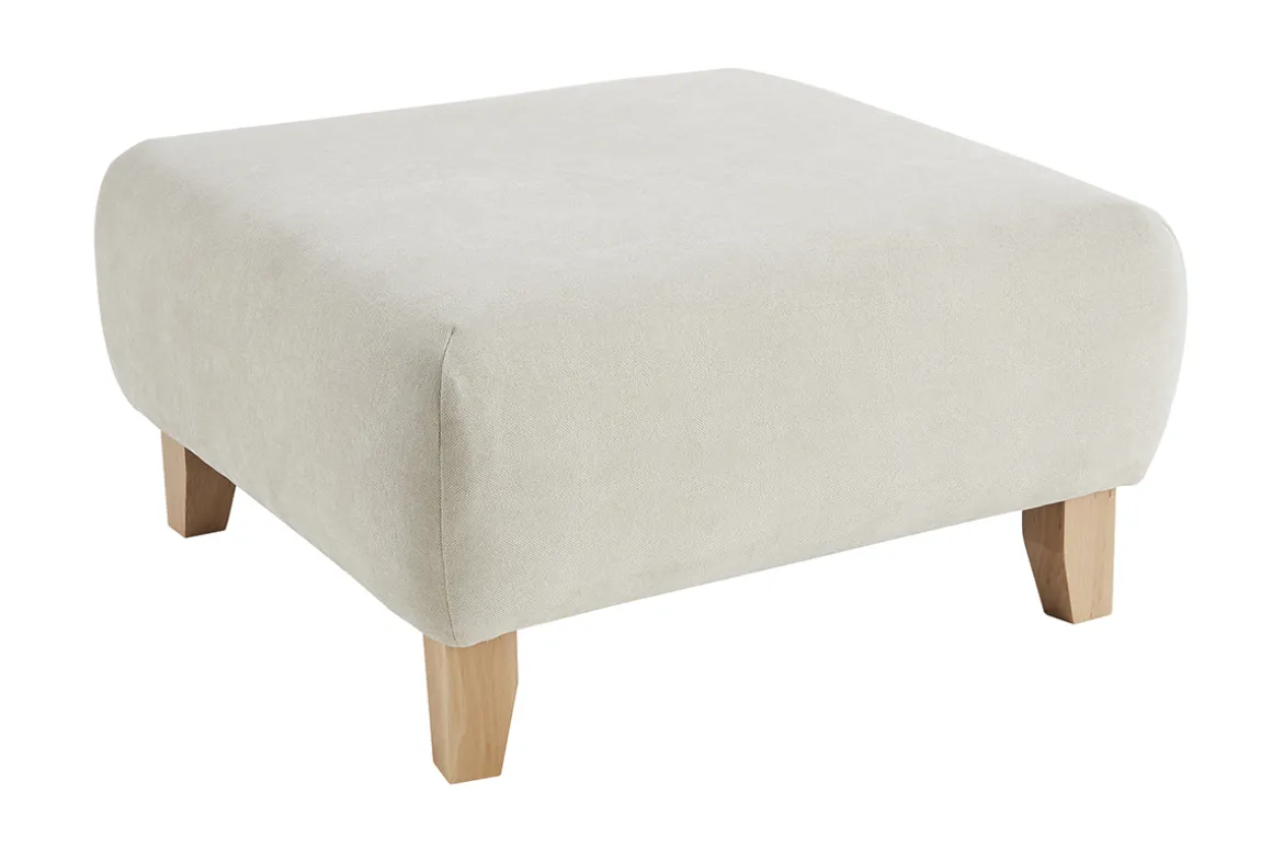 Outlet Miliboo Puf reposapiés de tela efecto aterciopelado texturizado beige y madera clara maciza 75 cm ODEON
