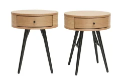 Outlet Miliboo Set de 2 mesillas de noche redondas con cajón de madera clara y metal negro 41 cm KORAL