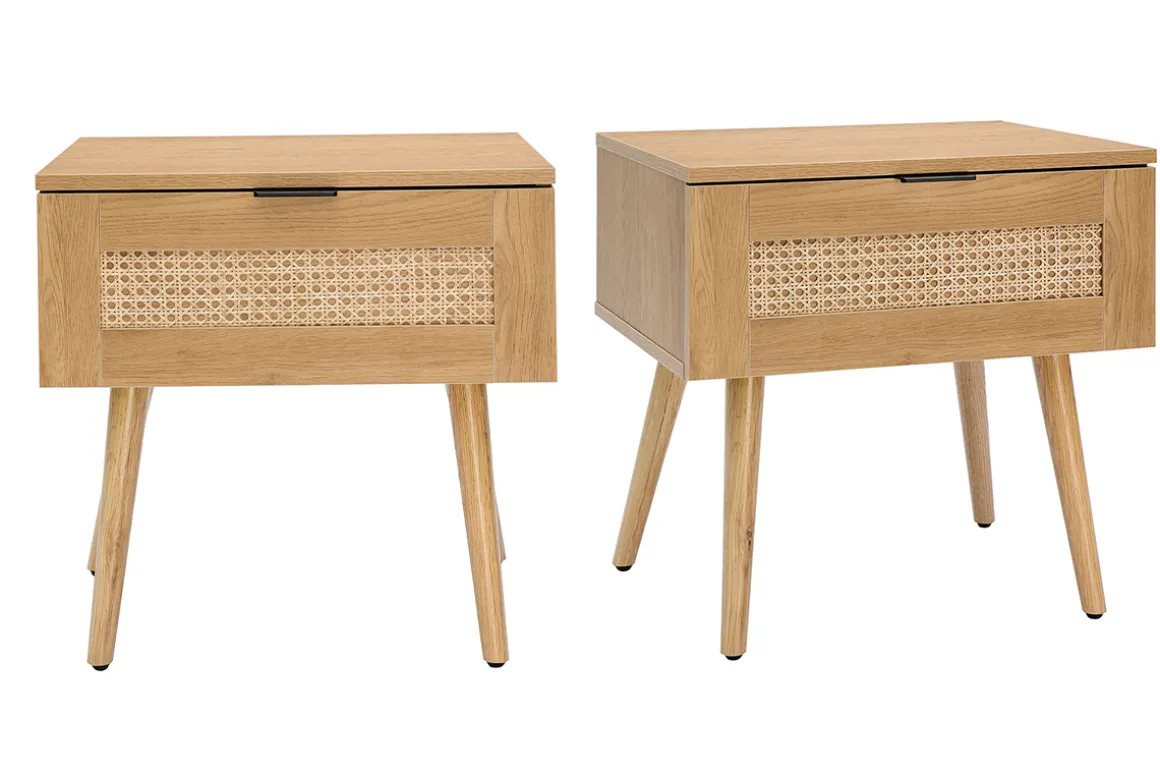 Clearance Miliboo Set de 2 mesillas de noche de madera clara, ratán y metal negro 50 cm MANILLE
