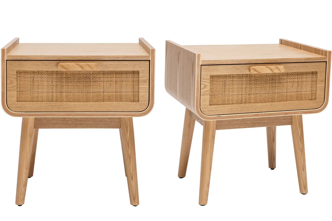 Discount Miliboo Set de 2 mesillas de noche con cajón de madera maciza clara y caña de ratán 50 cm ATHÈNE